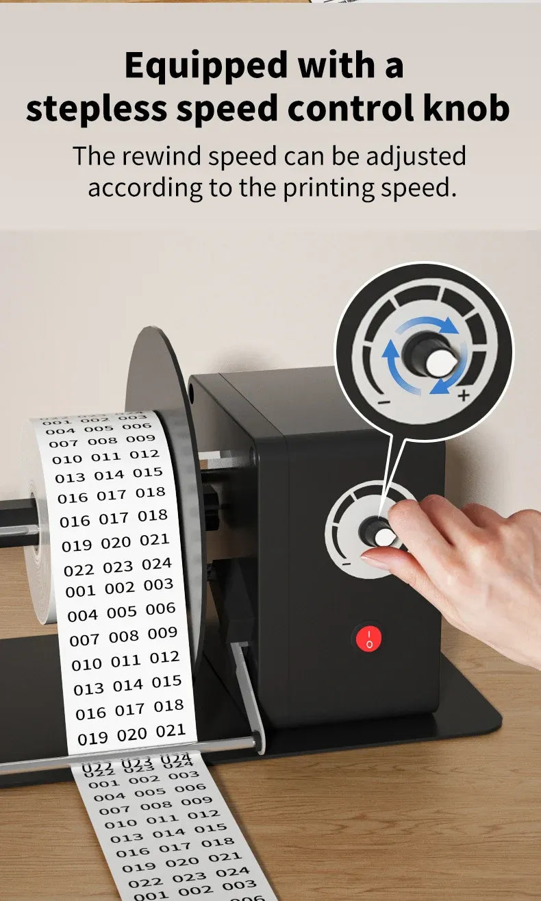 Label rewinder with step-less speed control knob and rewinding spindle