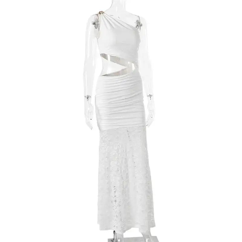 Mozision One Shoulder Cut Out Sexy Maxi Dress Women Elegant Diagonal Collar Sleeveless Lace Hem Bodycon Club Party Long Dresses