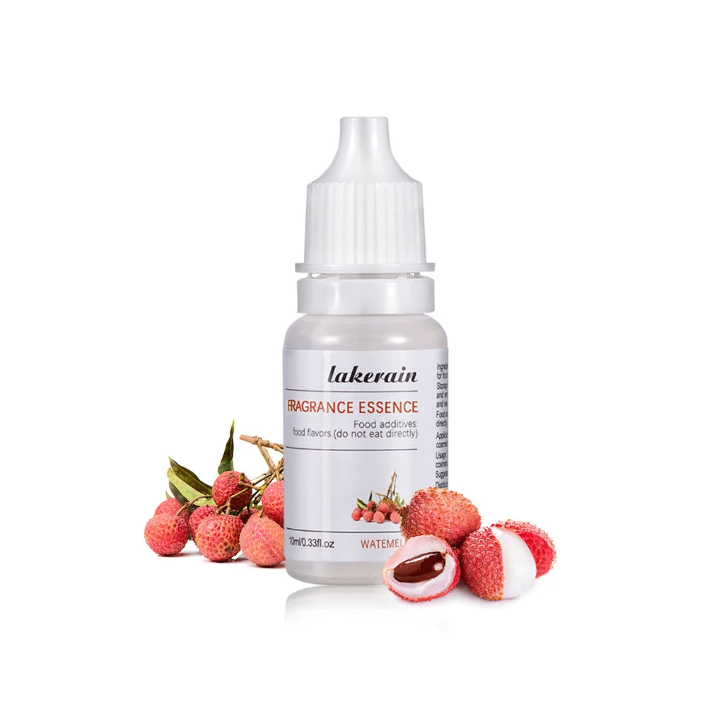 10ml Lakerain lychee fragrance essence for DIY lip gloss and soap making in a clear squeeze bottle with fresh lychees.