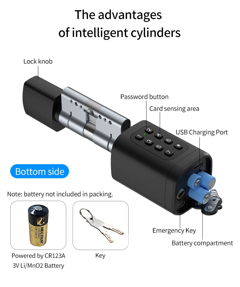 Support Tuya App Intelligent Plug-in Lock IP65 Biometric Fingerprint App Control Cylindrical Bolt Alex/Google Home/Office Door