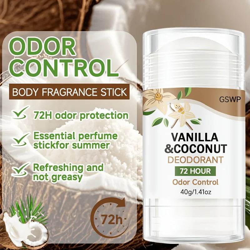 Tidesmit GSWP Vanilla and coconut aluminum-free deodorant stick for 72-hour non-greasy freshness.