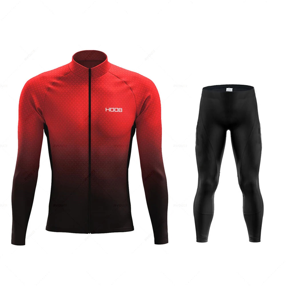 Tidesmit thermal cycling set with red-to-black gradient long-sleeve jersey and solid black fitted leggings.