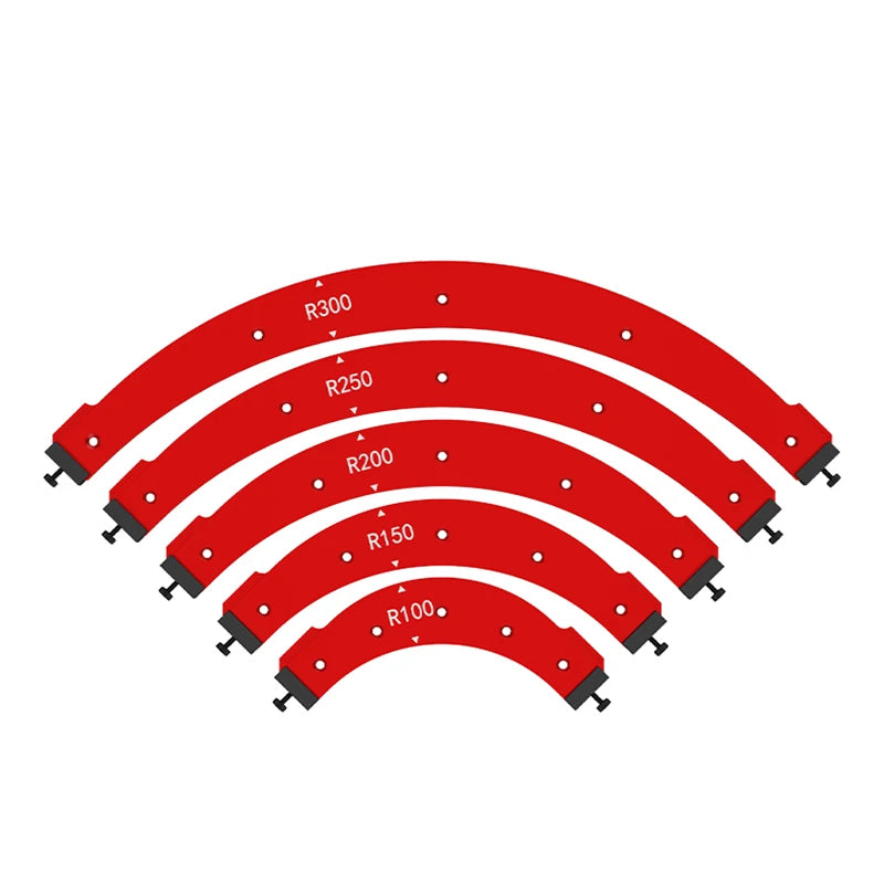 Arc corner radius router template set, red rails labeled R100 to R300