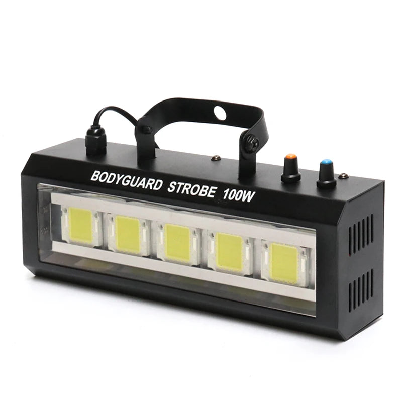 100W LED strobe light, black housing with control knobs and front lens window
