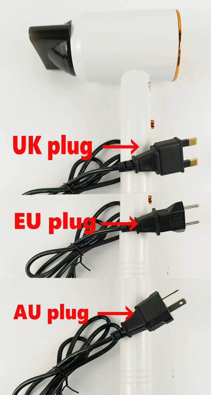 White silent hair dryer with quick-dry negative ion tech, shown with interchangeable UK, EU, and AU power plugs.