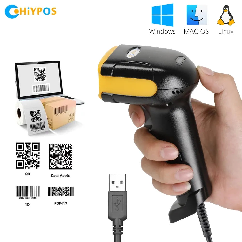 Handheld 2D barcode scanner with USB wired cable, black and yellow body for POS scanning