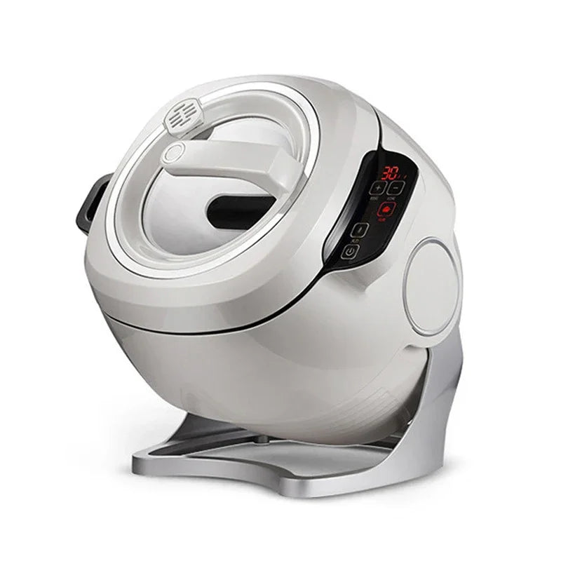 White multi cooker robot with touch panel, lidded non-stick inner pot