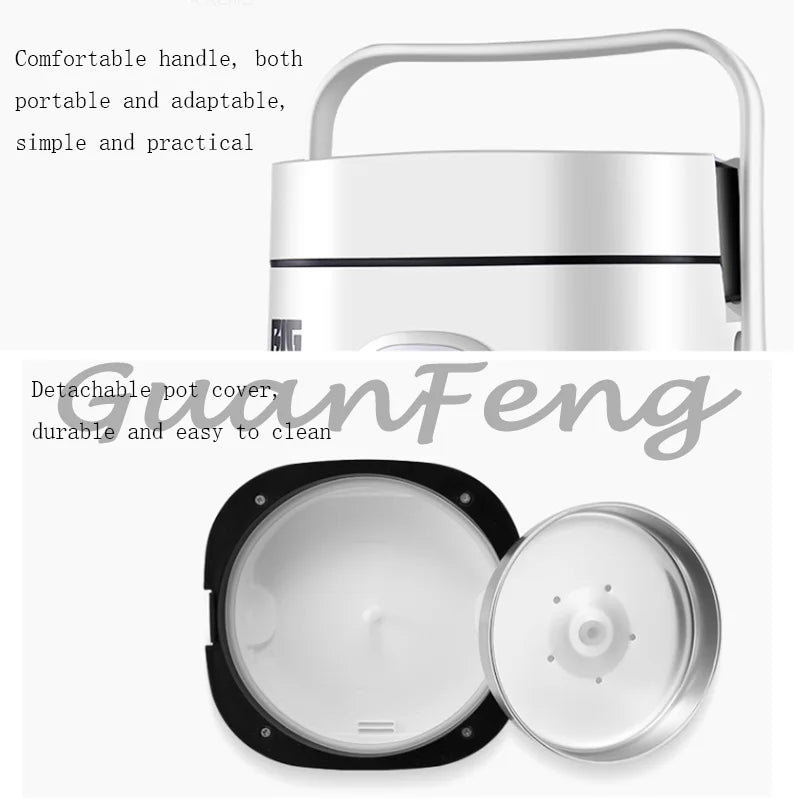 Portable mini rice cooker with open lid and removable inner pot, white body and black base