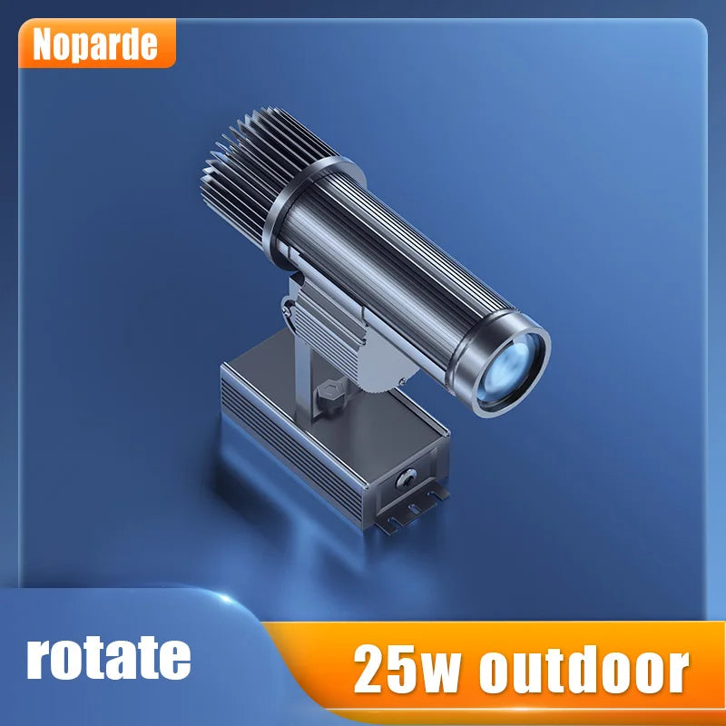 Rotating 25W outdoor LED gobo projector, brushed metal cylinder head with heatsink