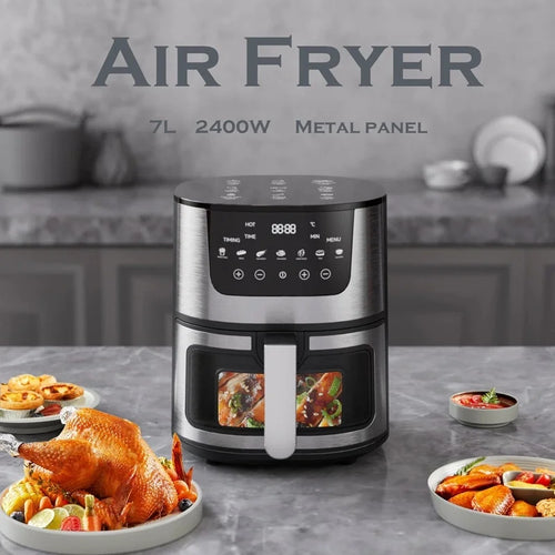 7L stainless steel air fryer with black control panel and transparent viewing window