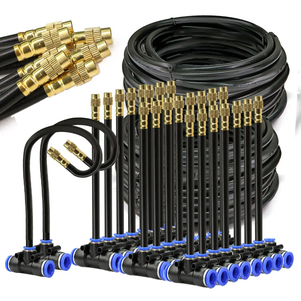 Coiled black misting hose kit with brass nozzle attachments and blue quick-connect fittings