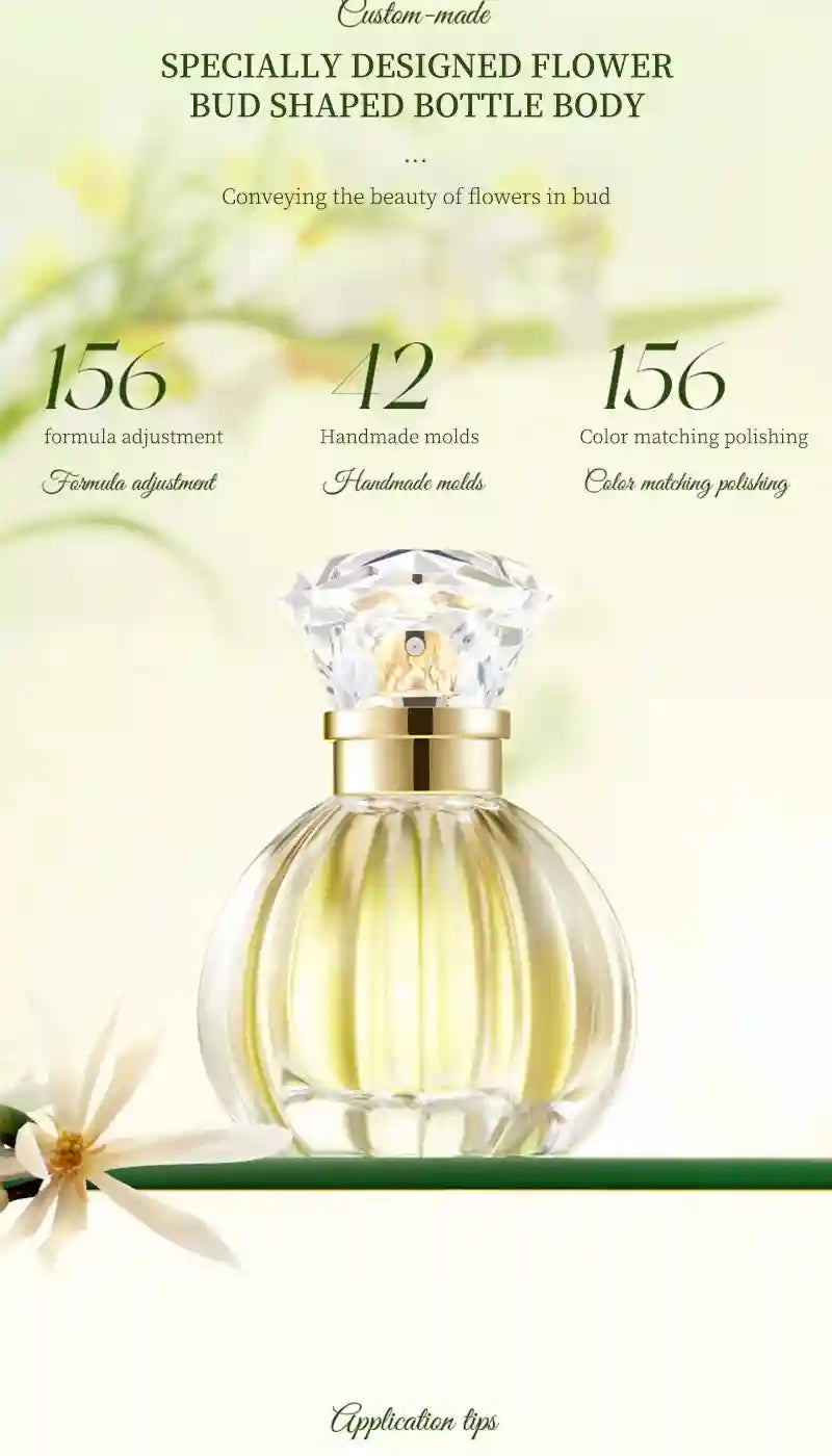 GECOMO Valley White Rose EDP 50ml: Luxury floral women's perfume in a decorative, flower bud-shaped glass bottle.