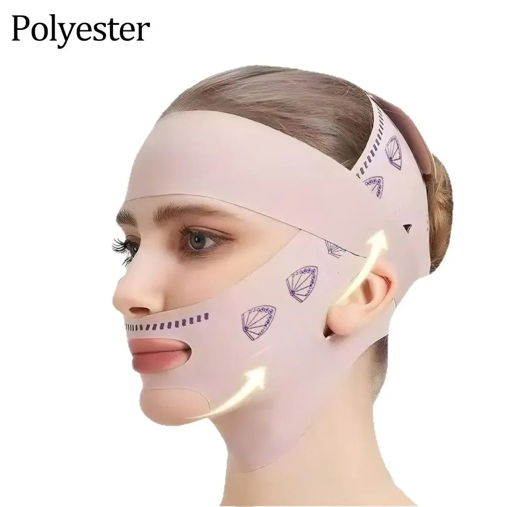 A woman wearing a pale pink, reusable polyester face-lifting mask with fan-shaped patterns over her chin and jawline.
