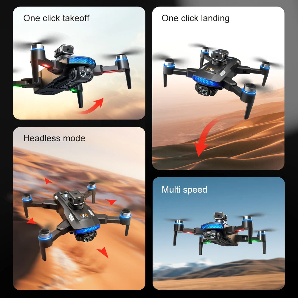 Black quadcopter drone with dual cameras, blue LED accents, and four propellers shown in flight for remote control.