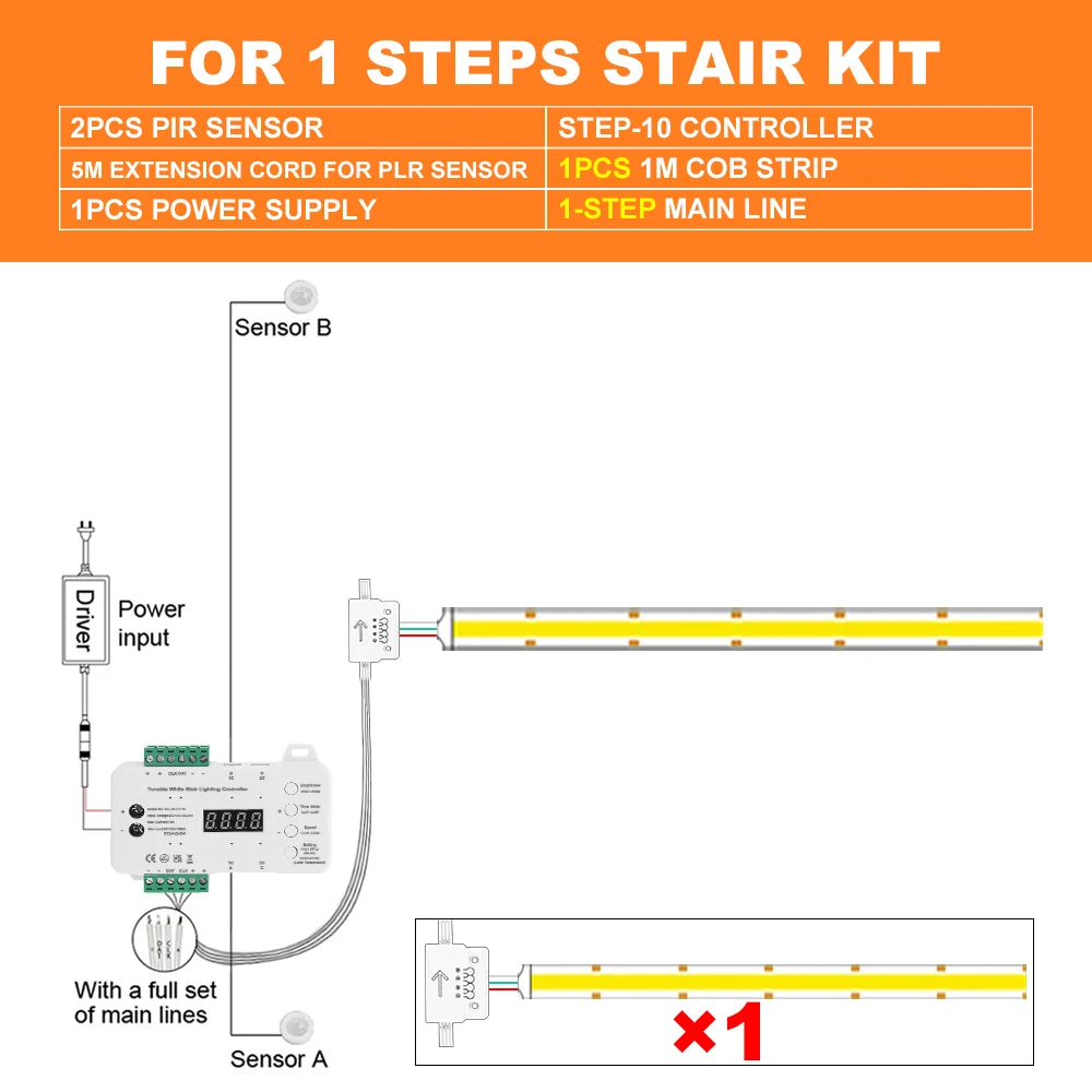 Dimmable LED stair light kit, motion sensor strip system for 1 step, CCT 2700–6500K
