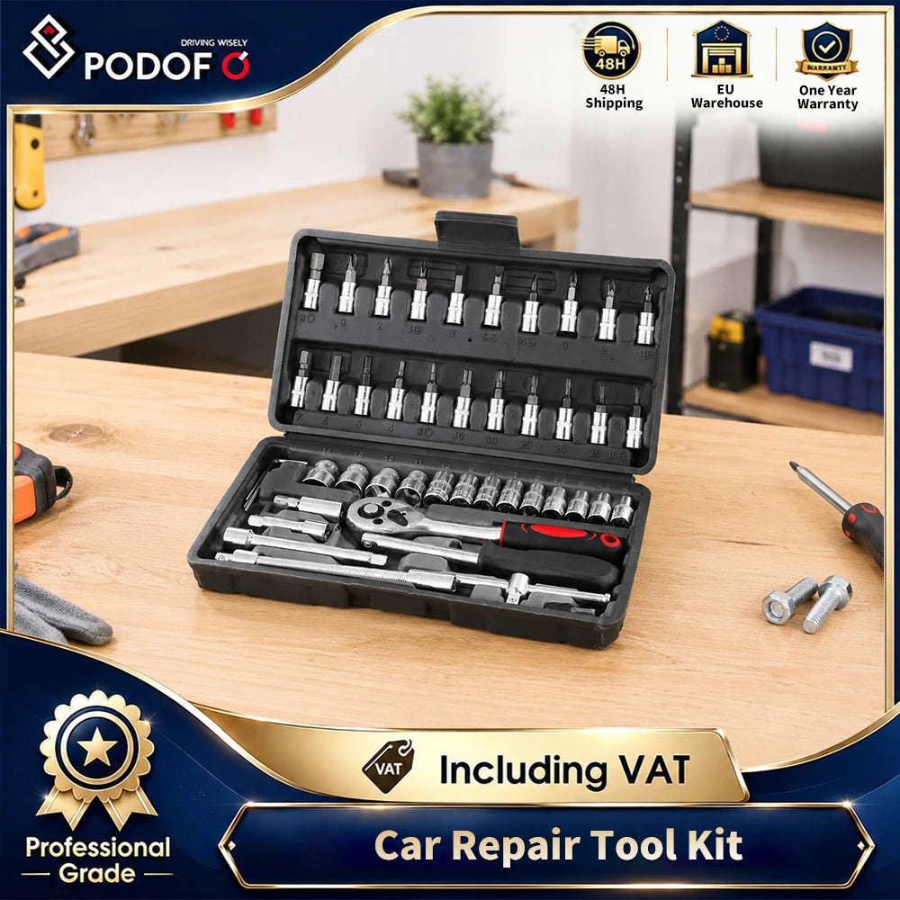 Podofo Auto Repair Socket Set 46pcs Professional Ratchet Wrench Pawl Spanner Screwdriver Tool Kit for Metalworking 1/4" Socket Spanner Ratcheting Screwdriver Ratcheting Screwdriver