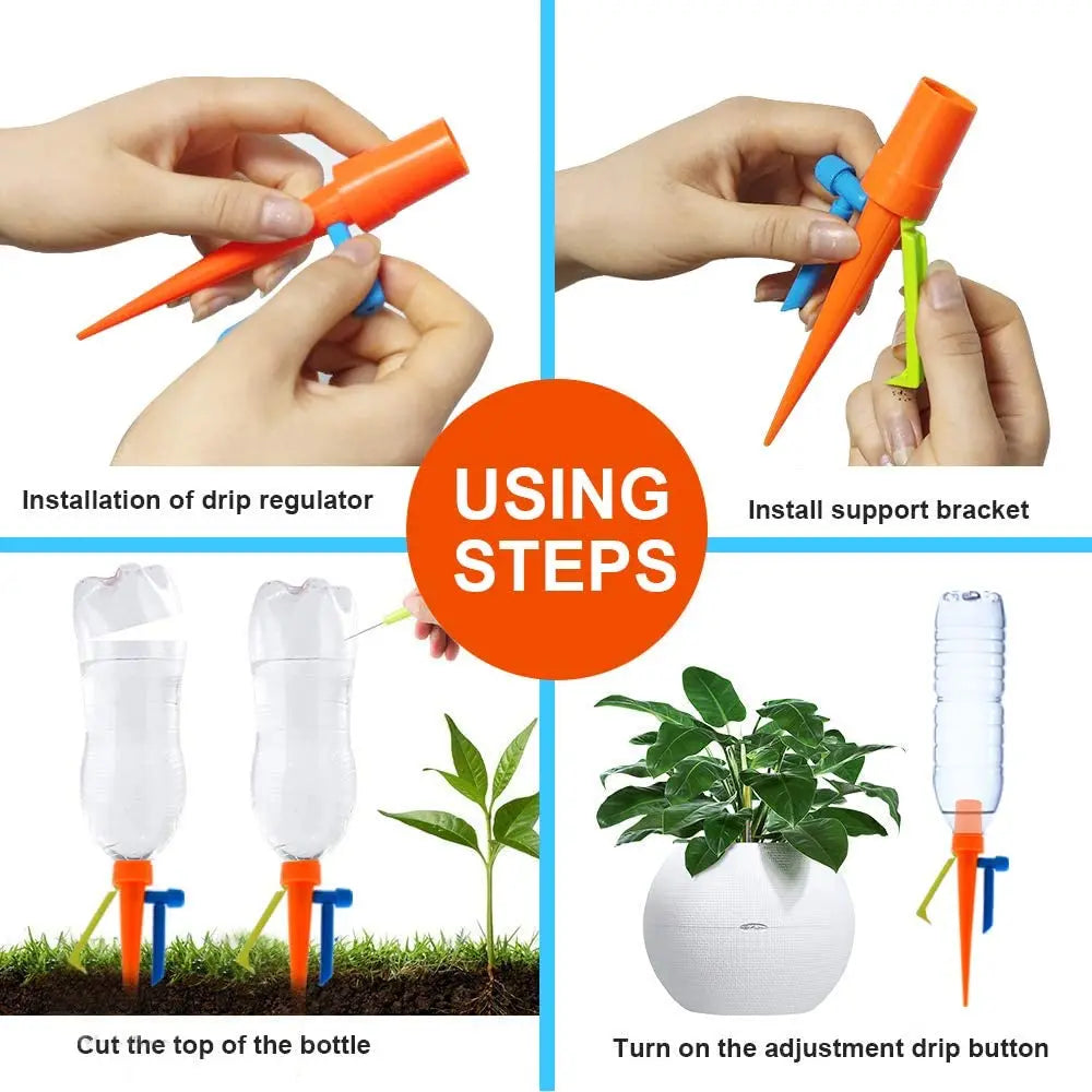 Auto drip irrigation dripper with orange spike and blue adjustment parts plus bottle setup