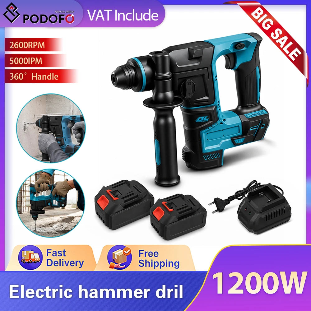 Podofo 1200W 2600RPM Brushless Rotary Hammer Drill 1.8J 360° Rotatable Cordless Electric Impact Hammer For Construction Home Wood Metal Drilling
