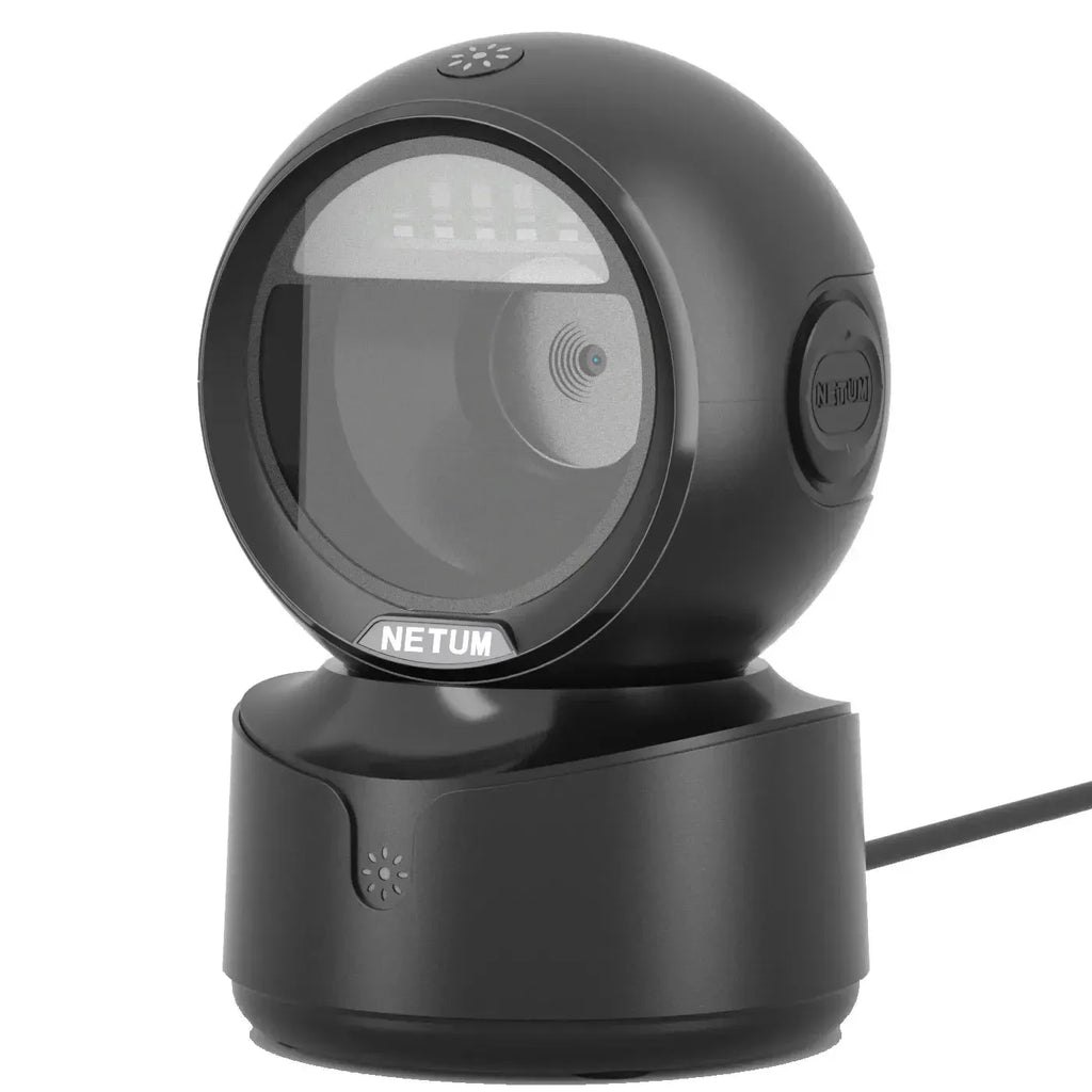 Black desktop omnidirectional 2D barcode scanner front view with scan window