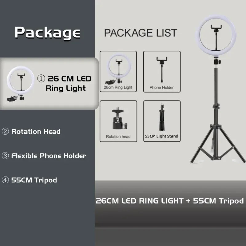 10-Inch LED Ring Light with Adjustable Tripod for Content Creation 10in Ring BK55cm Tidesmit