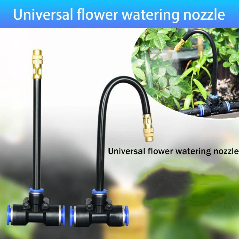 Universal garden watering nozzle set with black tubes, blue connectors, and a gold sprayer tip