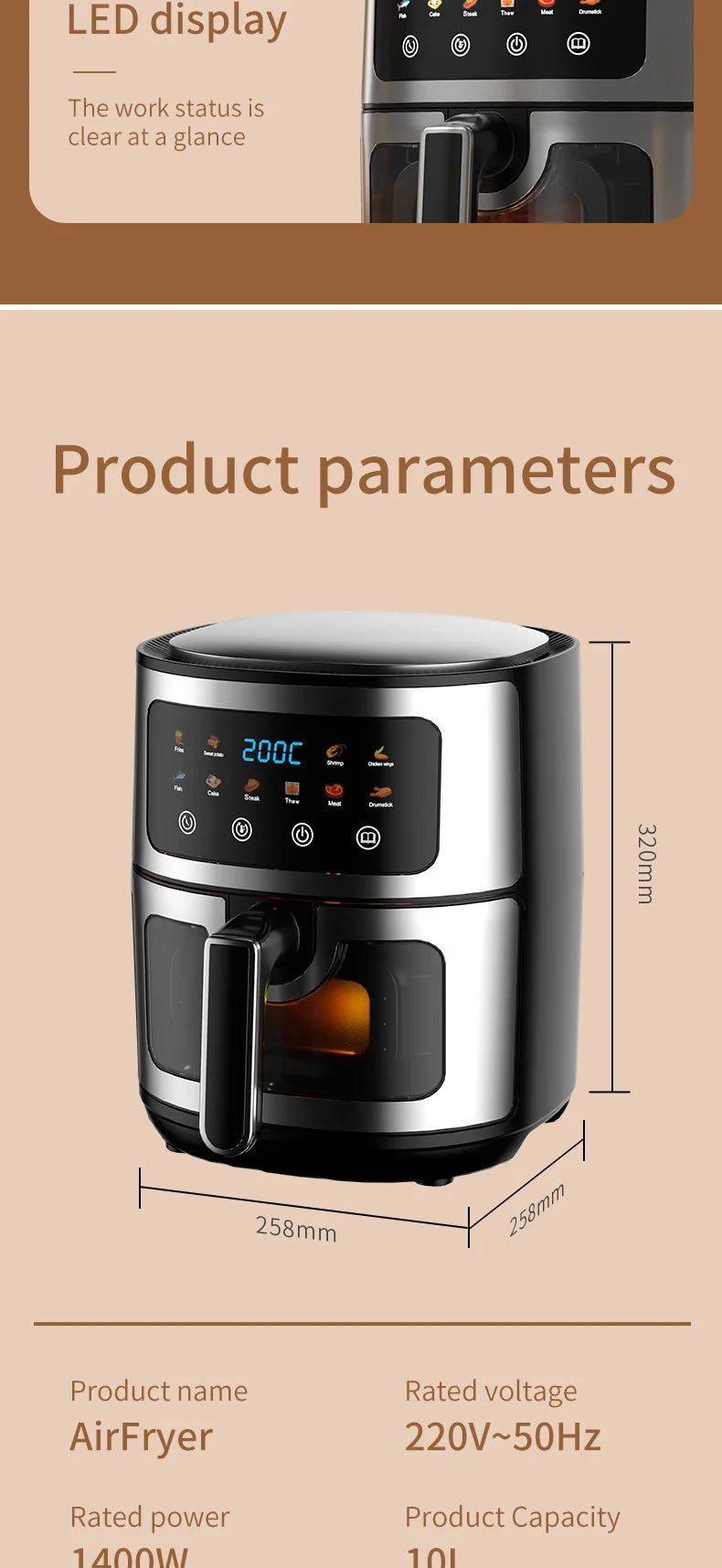 Wholesale 10L Black Air Fryer Fast Healthy Oil-Free,Visual Window ,Make Snacks, Pastries, and Finger Foods,Household Party Use