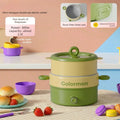 Electric double-layer cooking pot in green and yellow with dual handles and lid