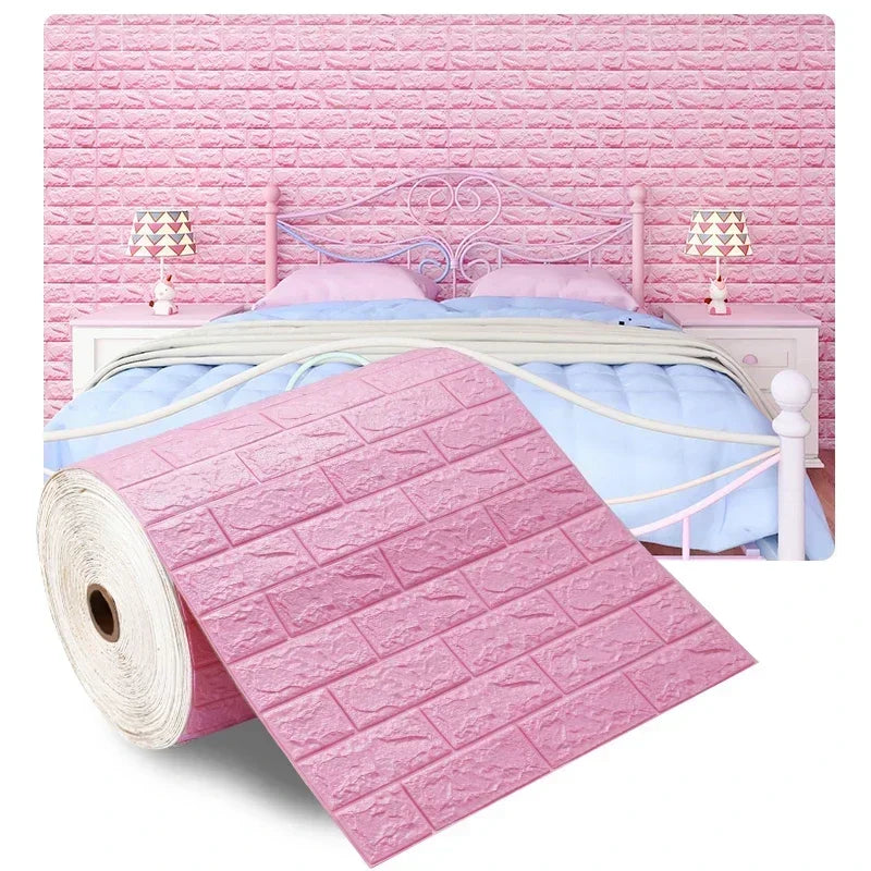 Pink 3D brick self-adhesive foam wallpaper roll with raised rectangular brick pattern
