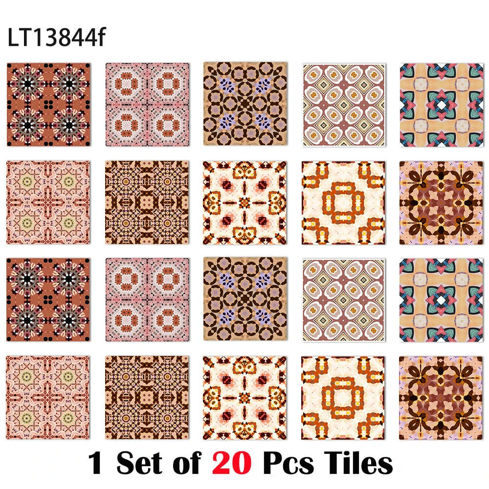 Glossy boho tile stickers set of 20, multicolor geometric floral mosaic patterns