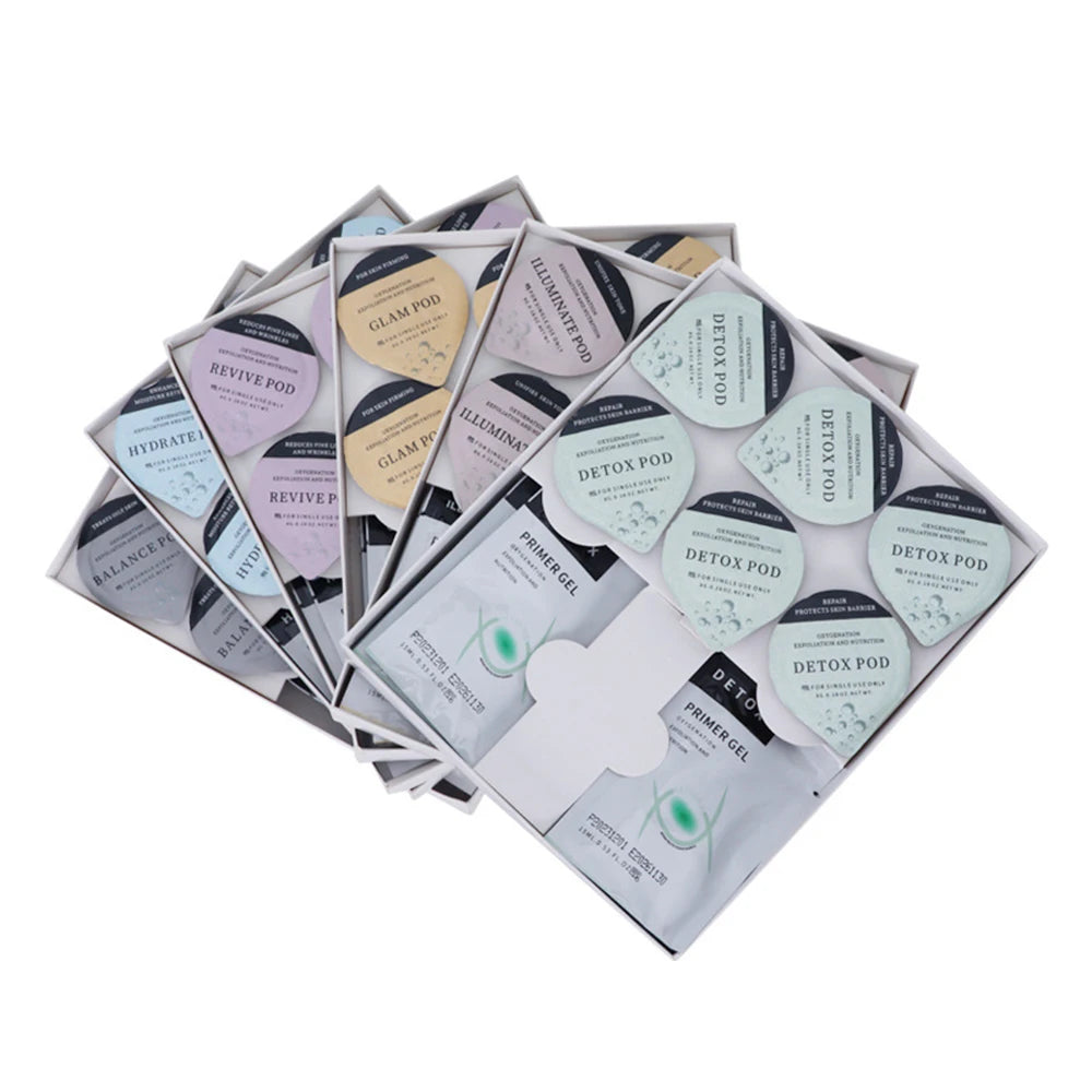 7 types of oxygen jet spa facial pods with primer gel for skin exfoliation, rejuvenation, and CO2 bubble massage.