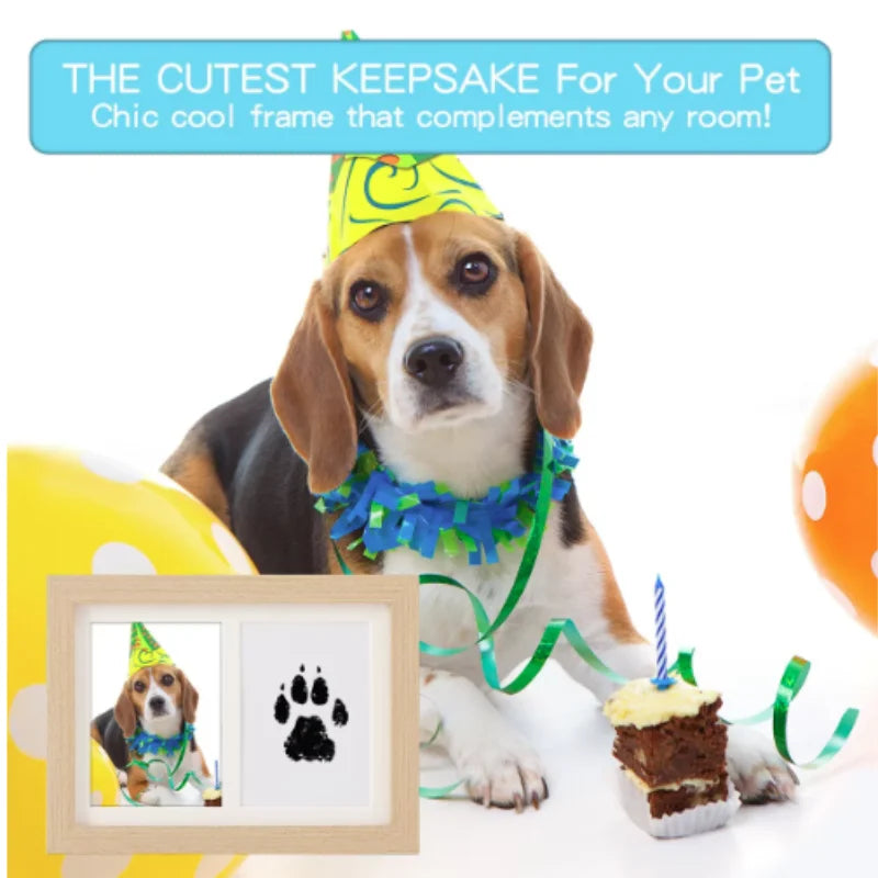 Non-toxic, inkless pet paw print kit with wood frame for capturing safe, mess-free dog footprint keepsakes.