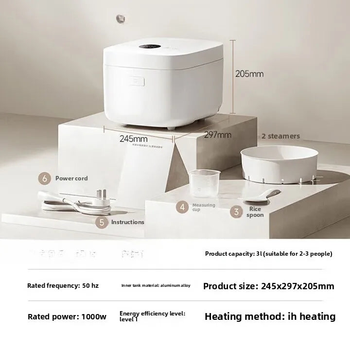 White electric rice cooker with size diagram and measuring cup and instructions