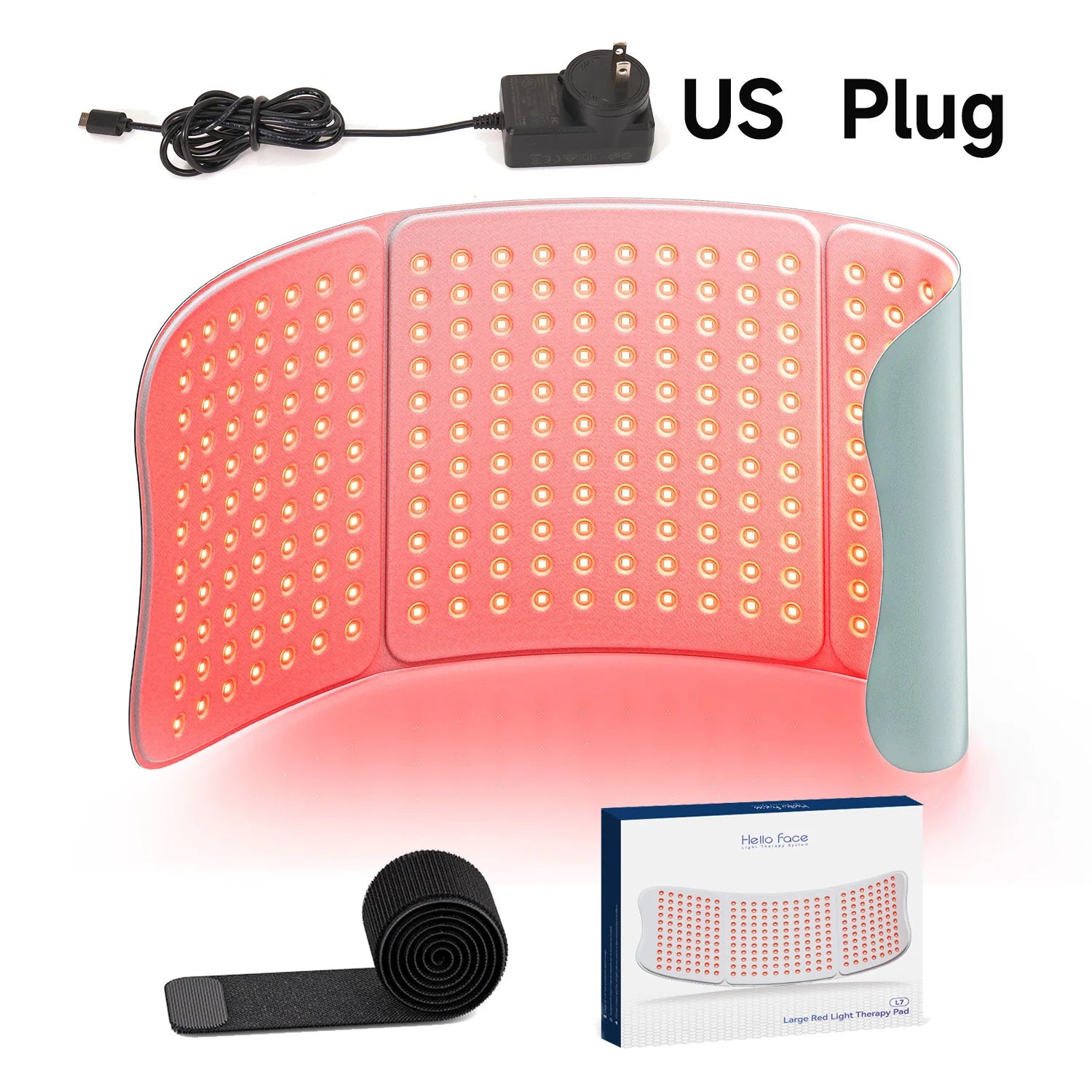 Large red light therapy mat with 792 LEDs, power adapter with US plug, Velcro strap, and product box.