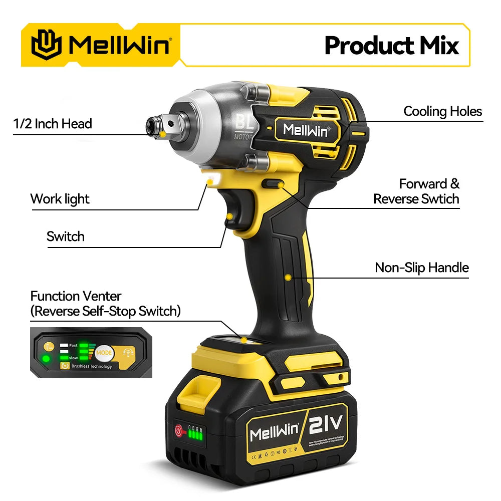 MELLWIN 520N·m Brushless 3IN1 Electric Impact Wrench Cordless Electric Drill Screwdrive Power Tool Set For Makita 18VBattery Pin