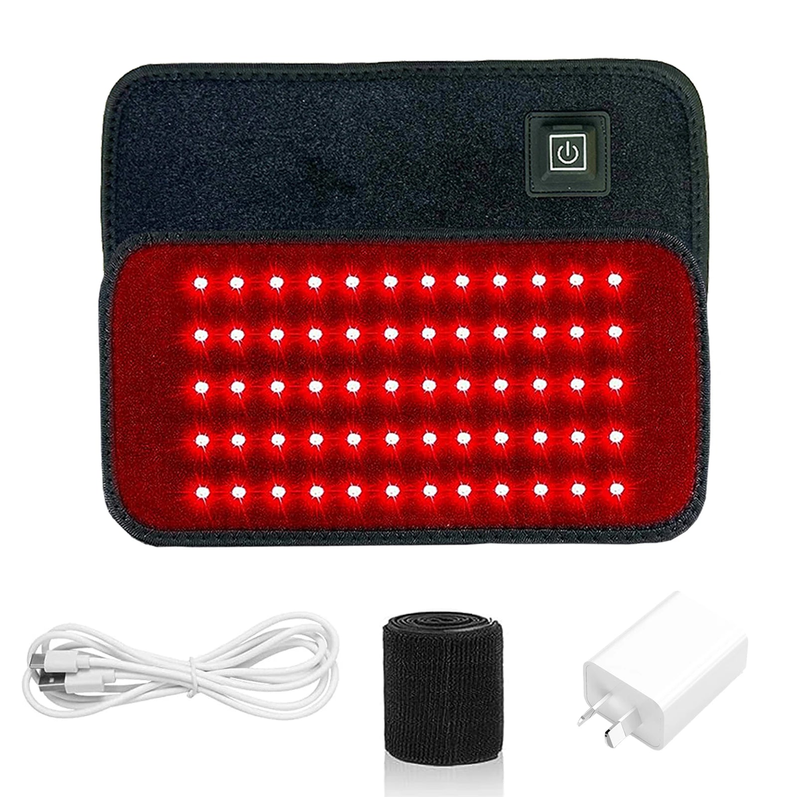 Black red-light therapy belt featuring 60 glowing red LEDs, a power button, charging cable, strap, and power adapter.
