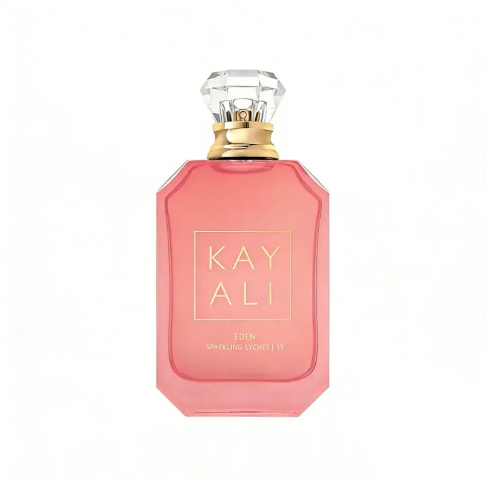 Kayali Eden Sparkling Lychee | 39 EDP: Pink rectangular glass bottle, unisex perfume with crystal-like cap.