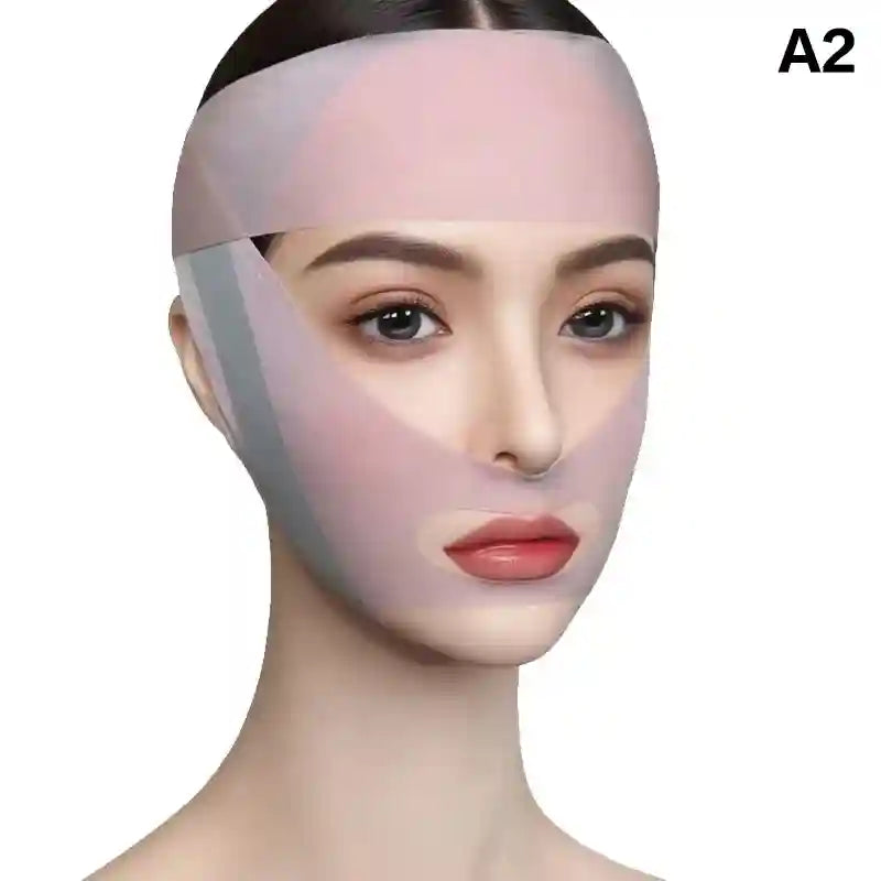 A model wearing a light pink, thin fabric V-line face lifting bandage with a cutout for the mouth.