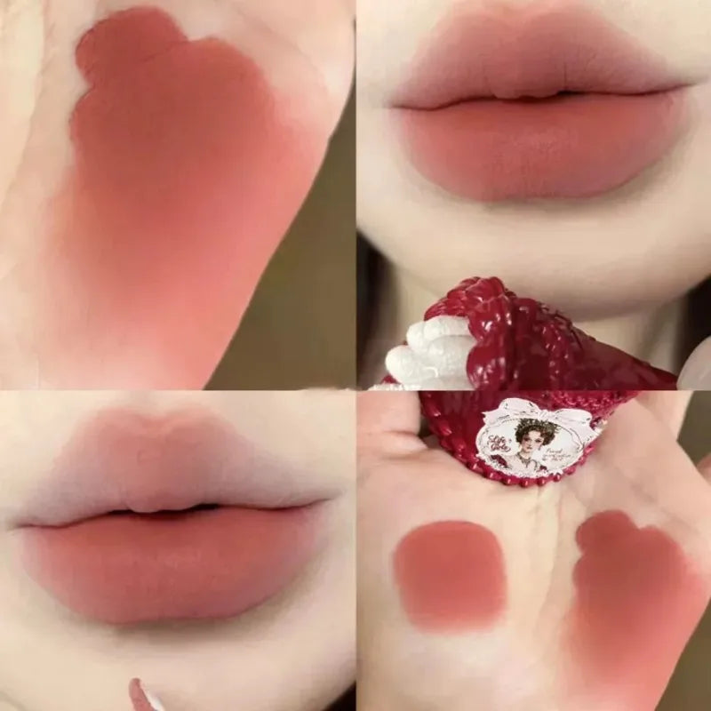 Highly pigmented vintage matte mousse lip mud with soft-focus finish, shown on lips and hand swatches.