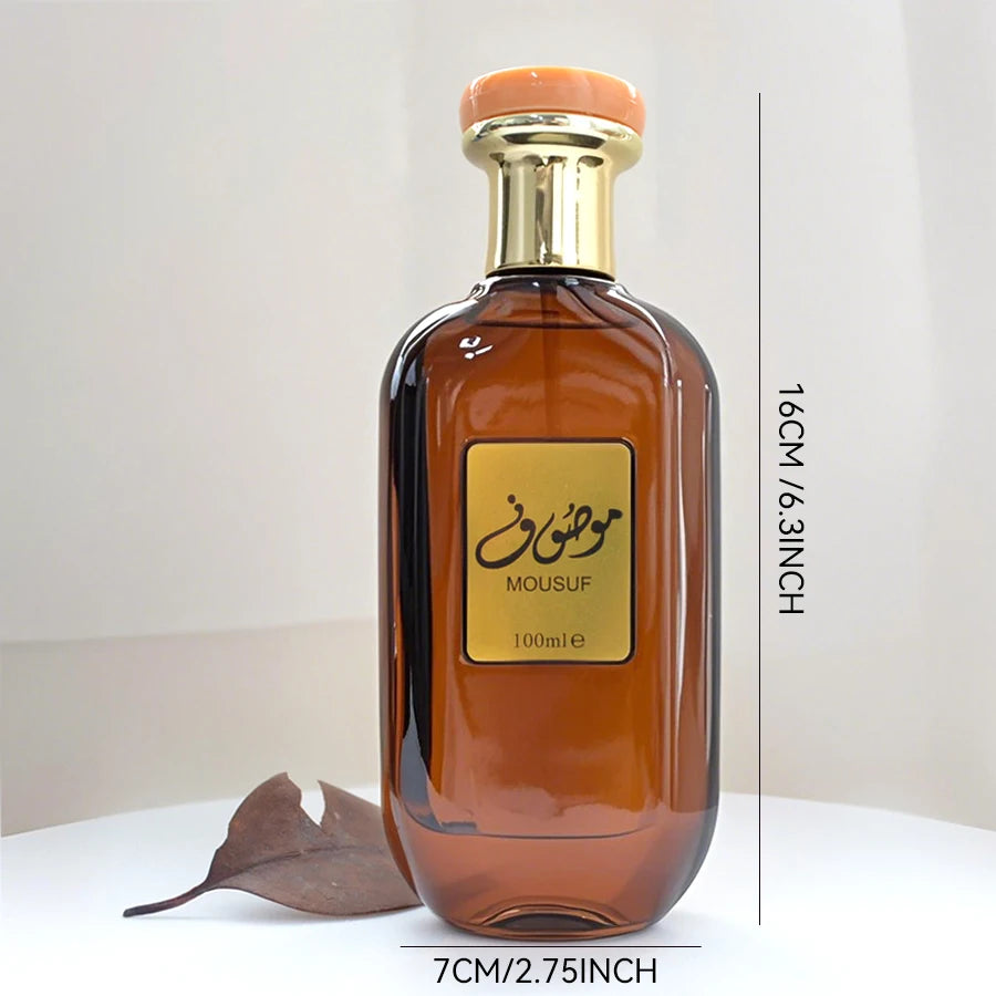 Mousuf Intense 100ml EDP: Unisex Arabian sweet musk perfume in a tall, amber glass bottle with a gold cap.