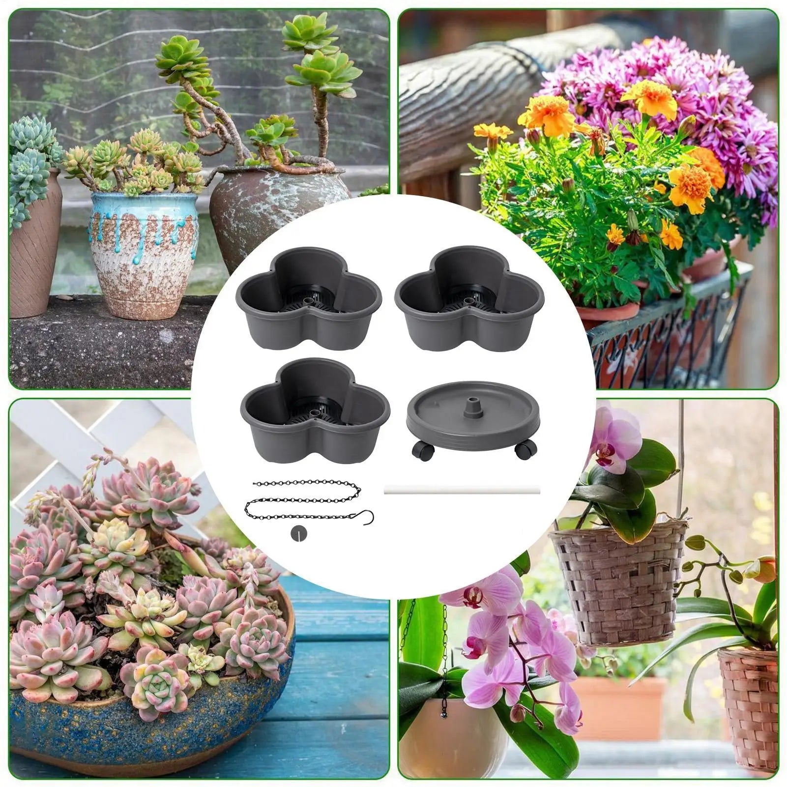 Stackable planter pots set with lids and rolling base, shown with included accessories.