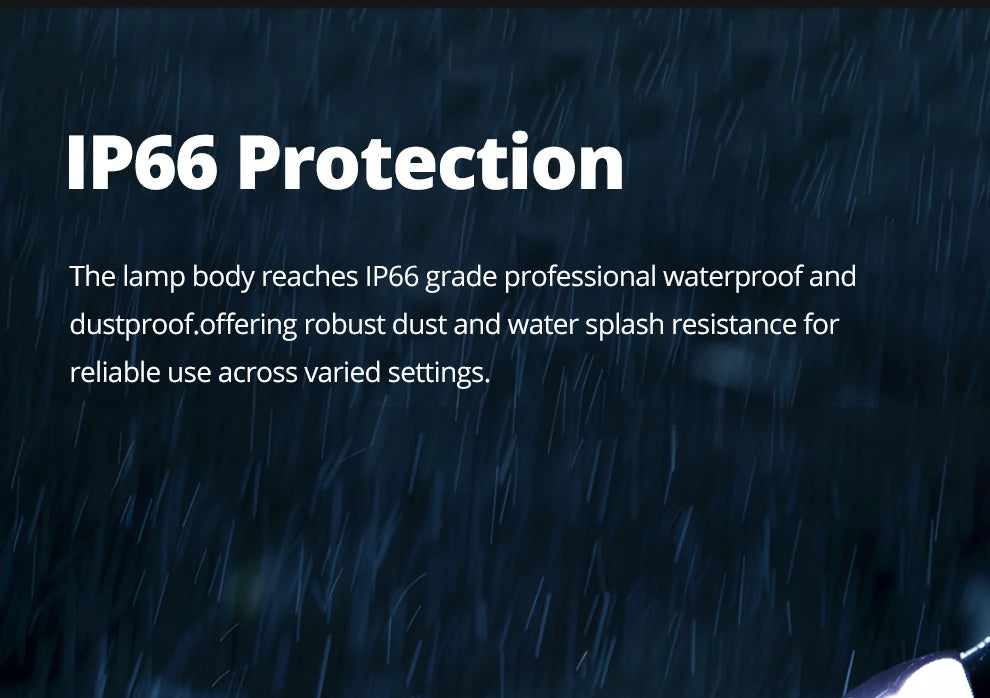 Text explaining that the lamp features IP66-rated waterproof and dustproof protection for reliable outdoor use.