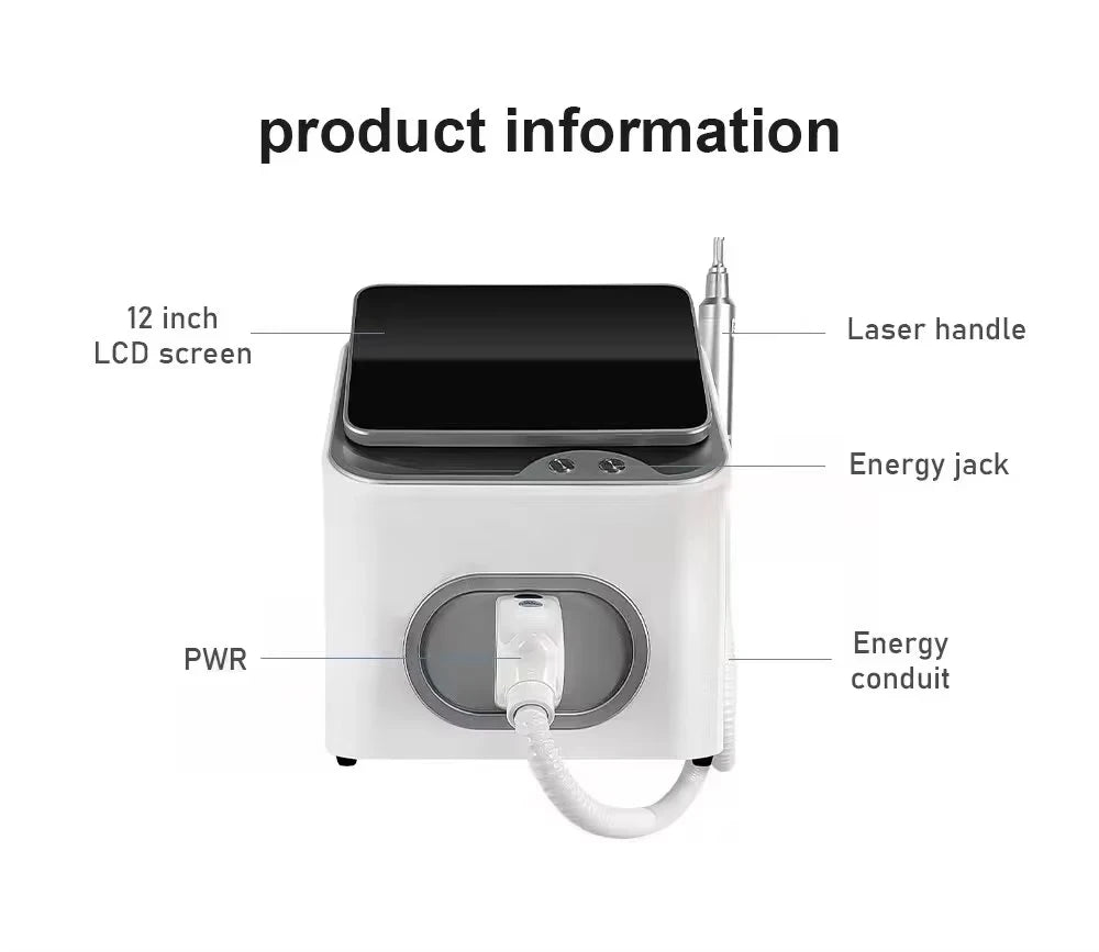 Portable 4000W Nd:YAG Picosecond laser tattoo removal machine with 12-inch LCD screen, laser handle, and energy conduit.