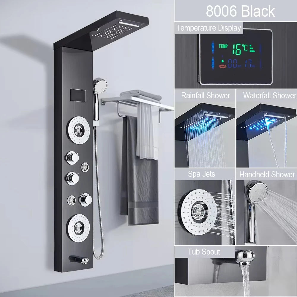 LED Shower Panel Waterfall Rain Digital Display Shower Faucet Set SPA Massage Jet Bathroom Column Mixer Tap Tower System