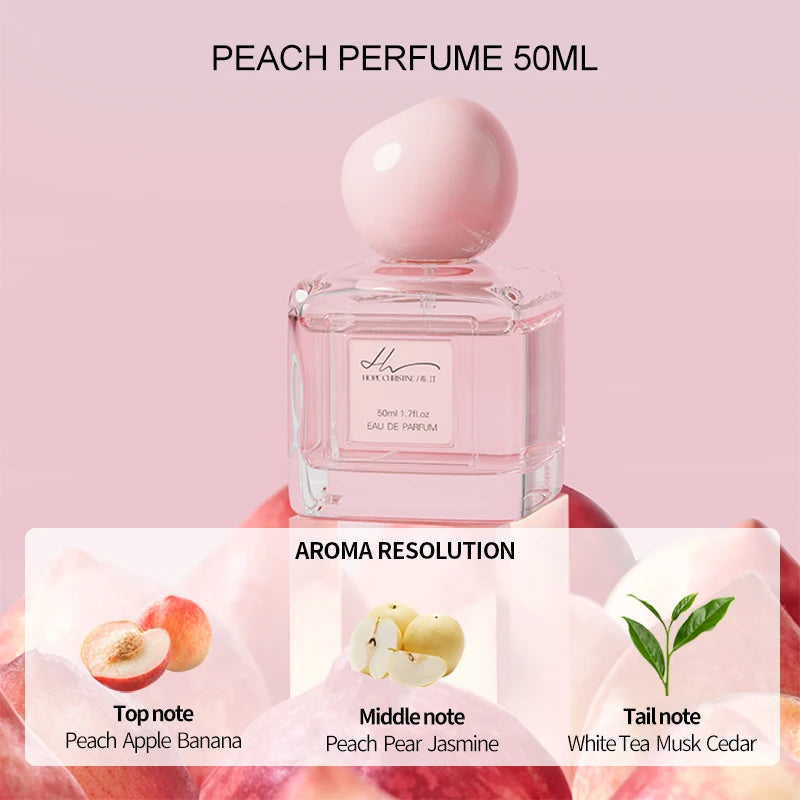 Hope Christine 50ml EDP for women: square bottle, peach cap. Fruity floral scent with peach, pear, jasmine, white tea.