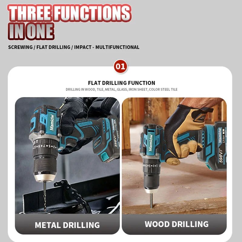 Brushless Cordless Impact Drill 120N.m, 3-in-1 Wireless Electric Screwdriver Hammer Drill, 2 Speed for Concrete Wood Metal Drilling, for makita 18V Battery