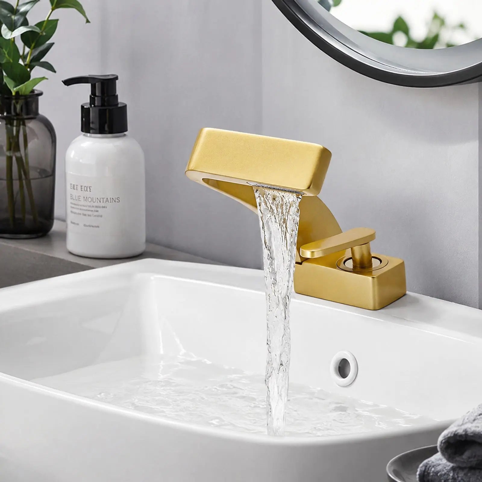 Gold Bathroom Waterfall Mixer Tap Modern Washbasin Faucet Copper Basin Tap Elegant Lift Off Type