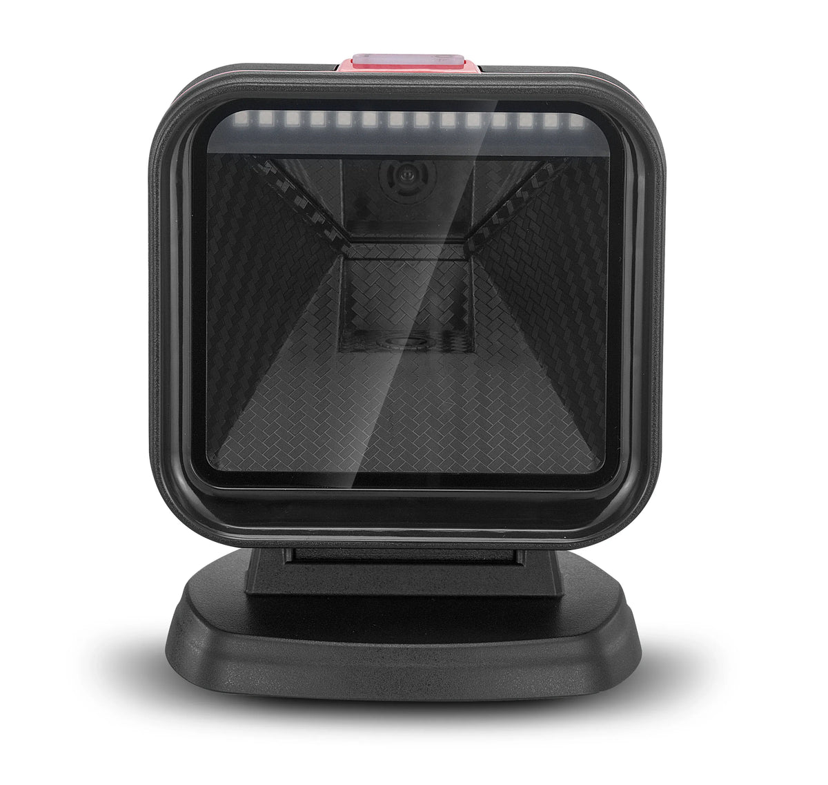 Front view of black omnidirectional 2D desktop barcode scanner with red border