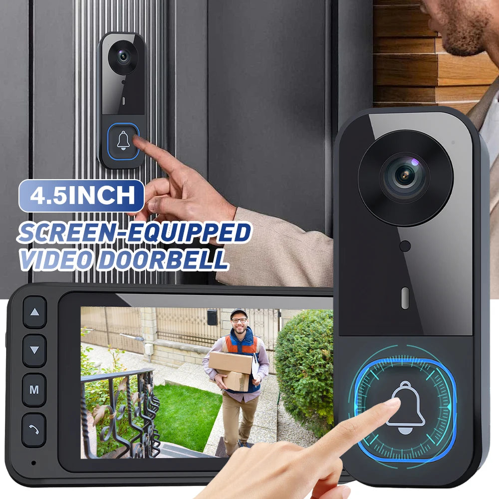 Wireless Video Doorbell with 4.5 Inch Indoor Monitor 1080P HD Two Way Audio AI Human Detection Night Vision Weatherproof Home Security Door Bell Camera Kit