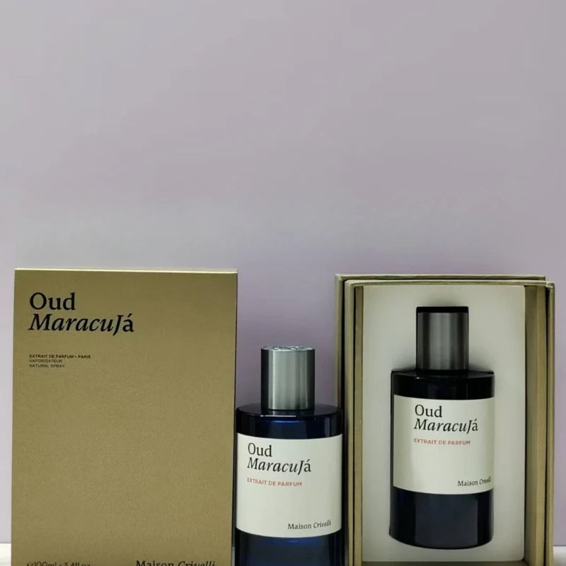 Maison Crivelli Oud Maracuja Extrait de Parfum 100ml. Unisex luxury cologne with dark glass bottle and gold gift box.