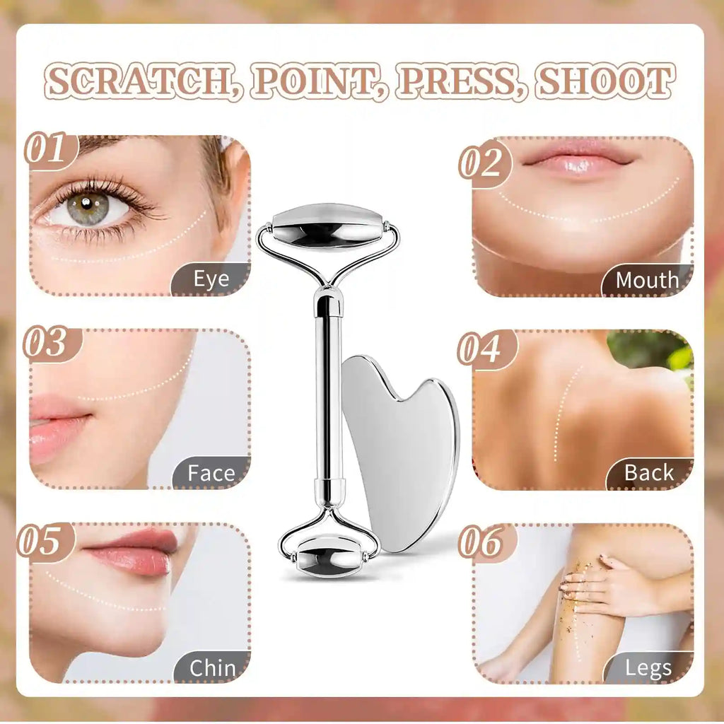 Stainless steel facial roller and heart-shaped gua sha tool surrounded by diagrams showing use on face and body.
